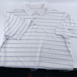 Nike‎ Golf Dri Fit Mens Size Large Polo Shirt White Blue Stripe Short Sleeve